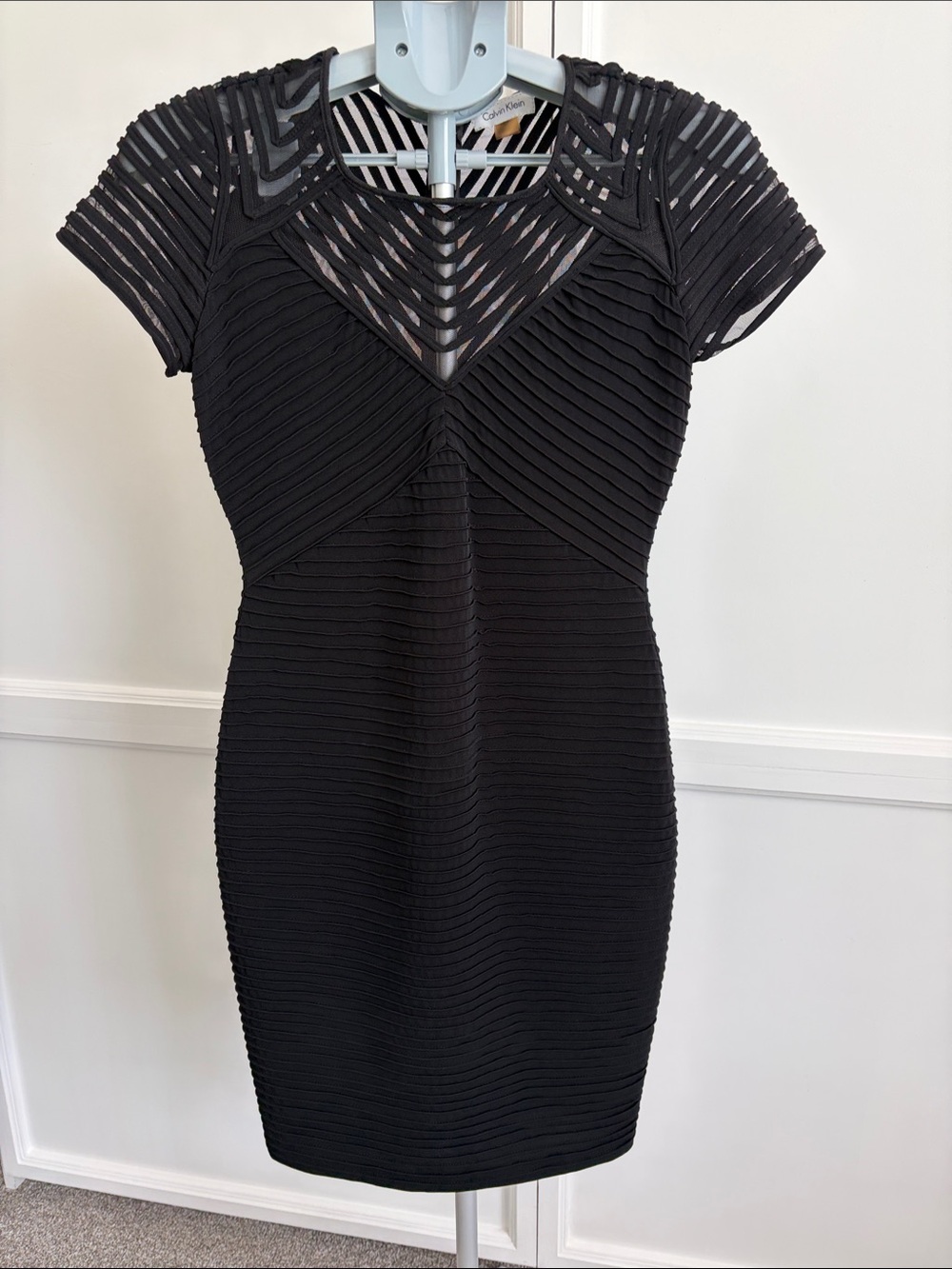 Calvin Klein Black Textured Dress with Sheer Geometric Insets